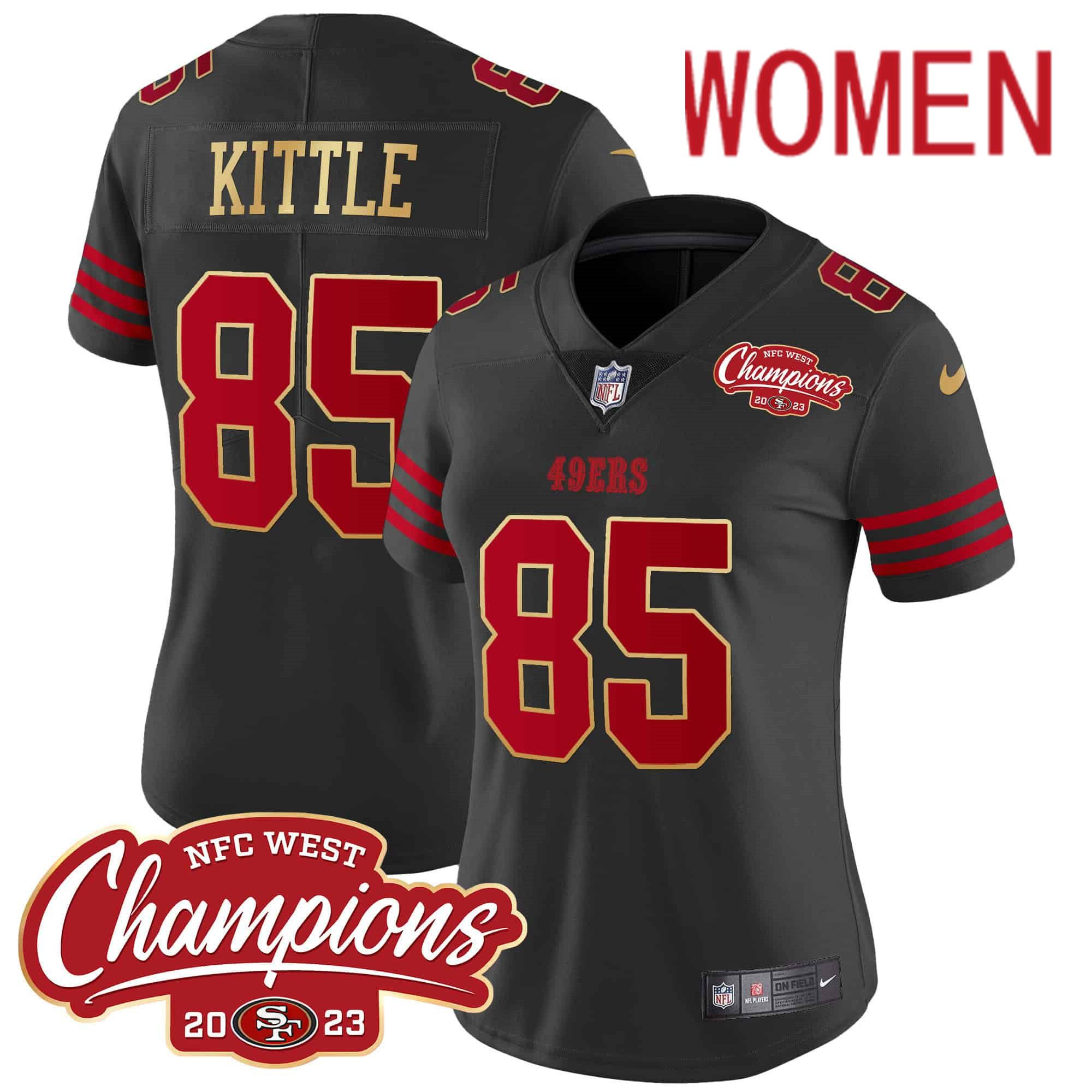 Women San Francisco 49ers 85 Kittle Black 2024 Nike NFC West Champions Gold Trim Vapor NFL Jersey style 1
